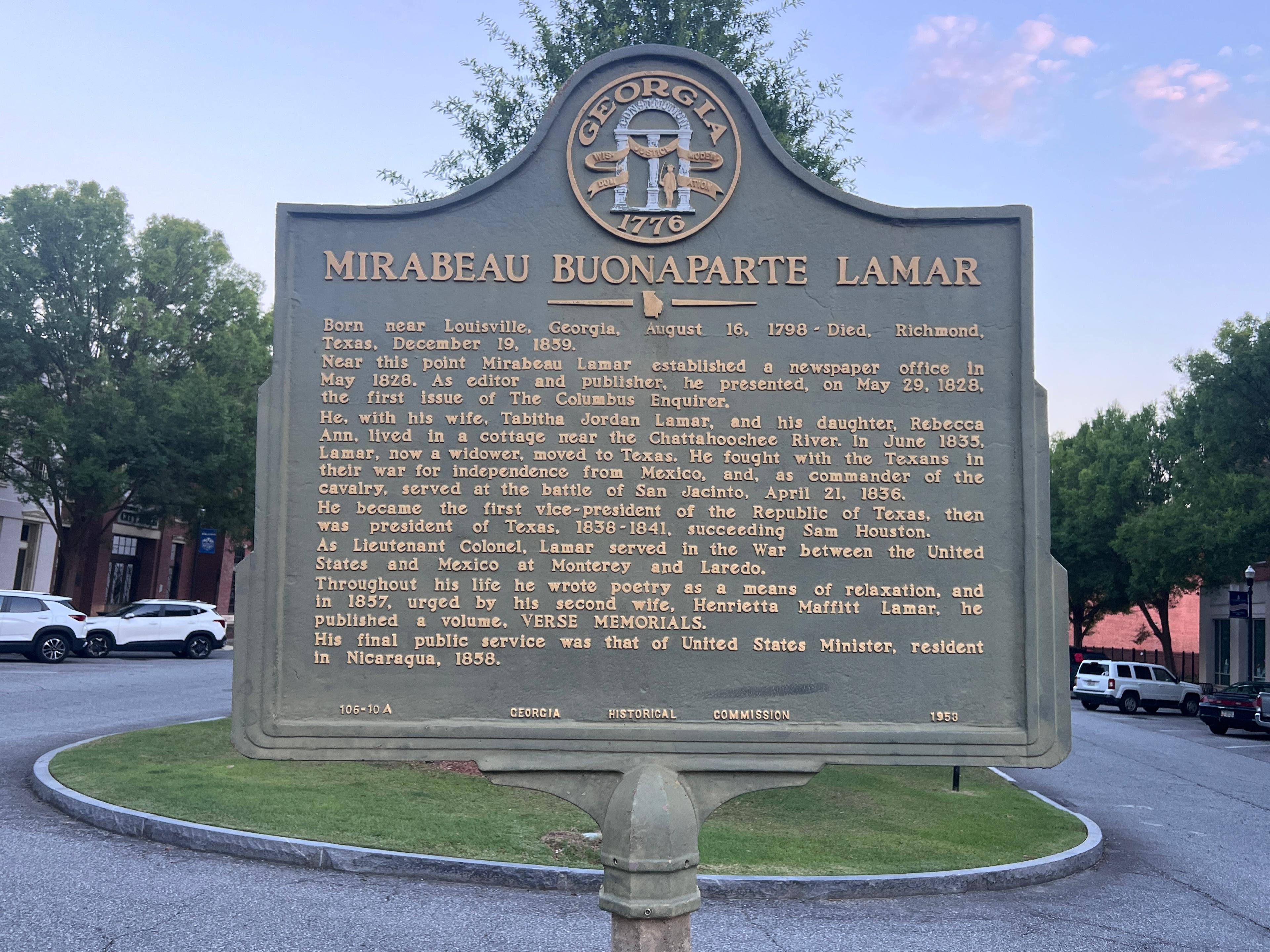 The Mirabeau Buonaparte Lamar historic marker